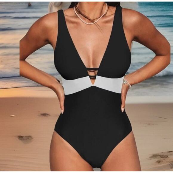 CUPSHE Women’s 1 Piece Swimsuit L Black White Colorblock Deep V Neck Wide Strap - Picture 1 of 9
